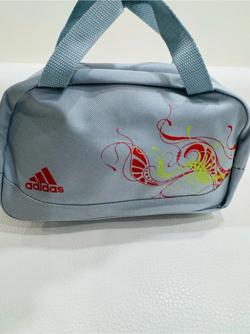 adidas Light Gray Toiletry Bag with Red Logo and Neon Accent and handles